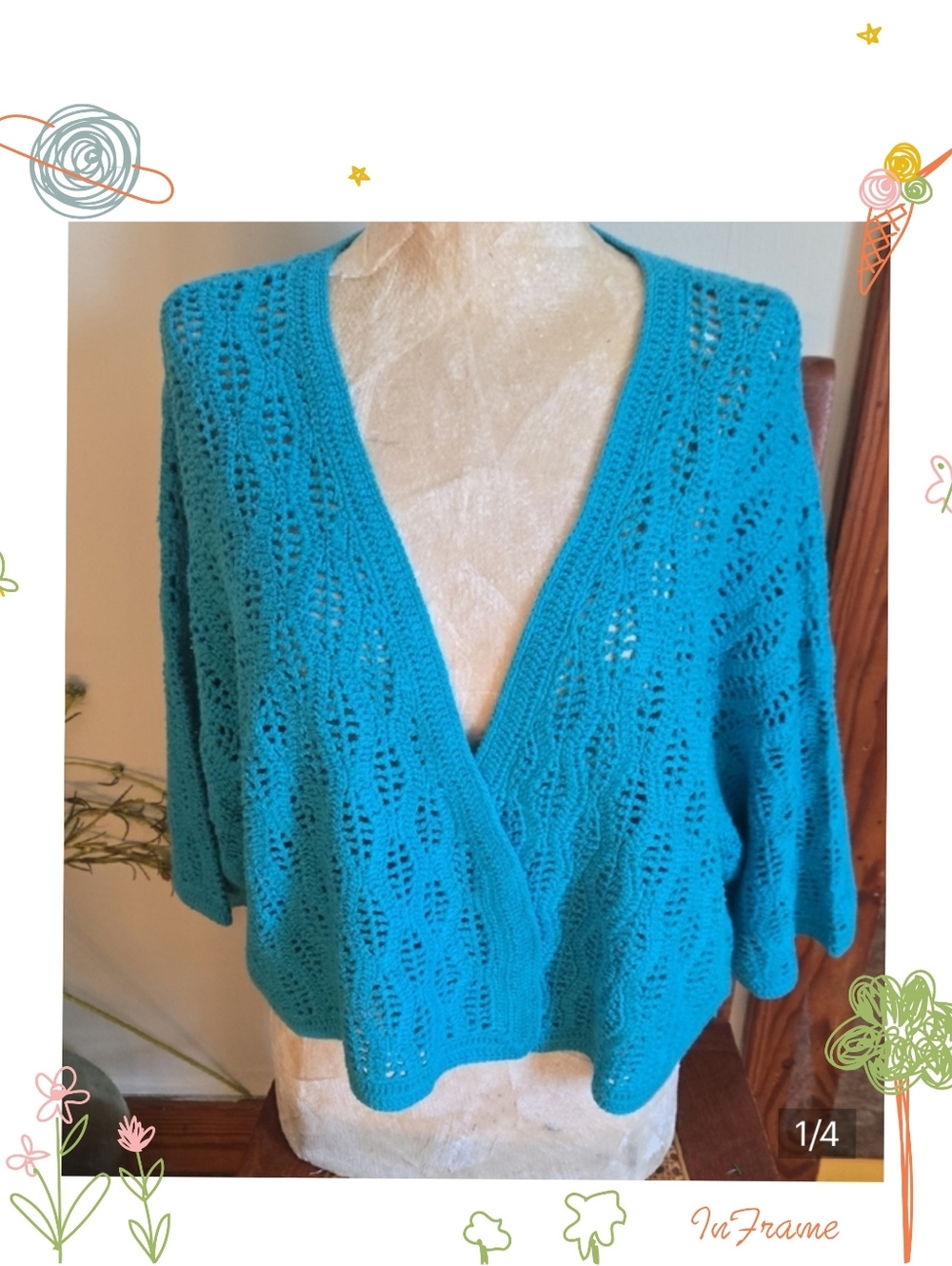 Turquoise Open-Knit Crochet V-Neck Cardigan Size 18/20